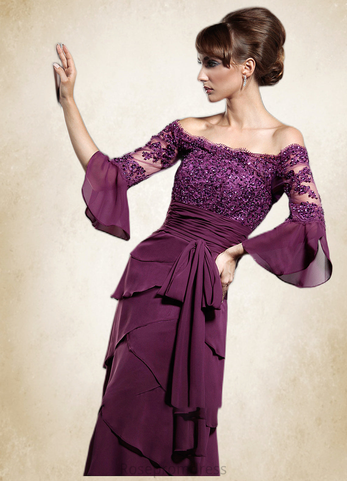 Elvira A-Line Off-the-Shoulder Floor-Length Chiffon Mother of the Bride Dress With Lace Beading Sequins Bow(s) Cascading Ruffles SRS126P0014726