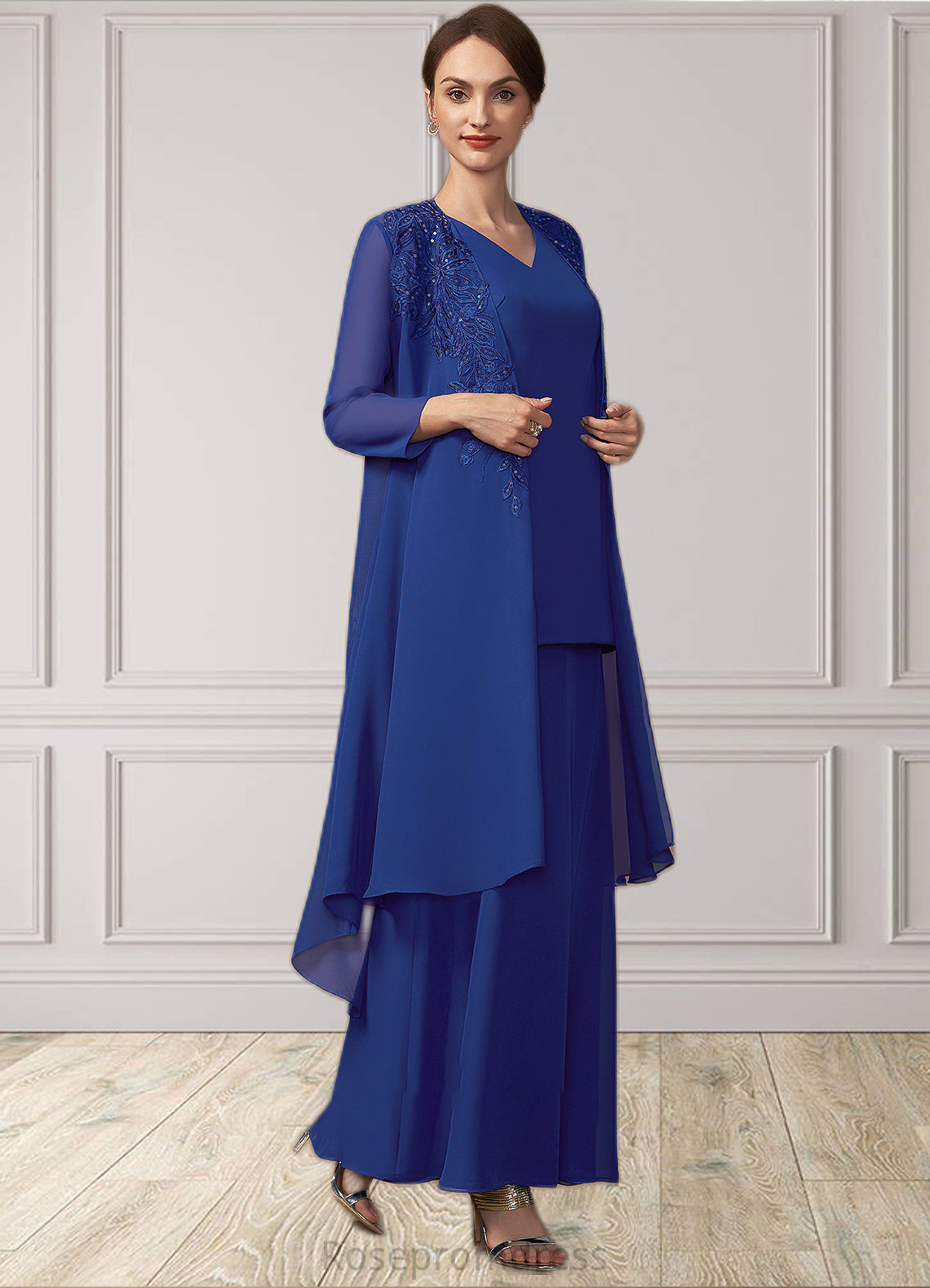 Peyton A-line V-Neck Ankle-Length Chiffon Mother of the Bride Dress SRS126P0014729