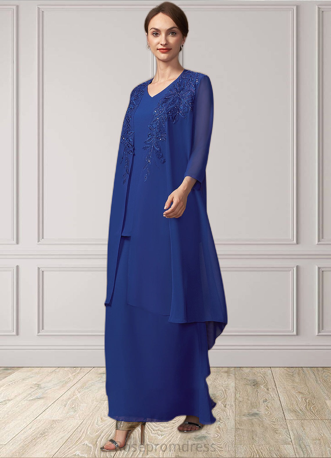 Peyton A-line V-Neck Ankle-Length Chiffon Mother of the Bride Dress SRS126P0014729