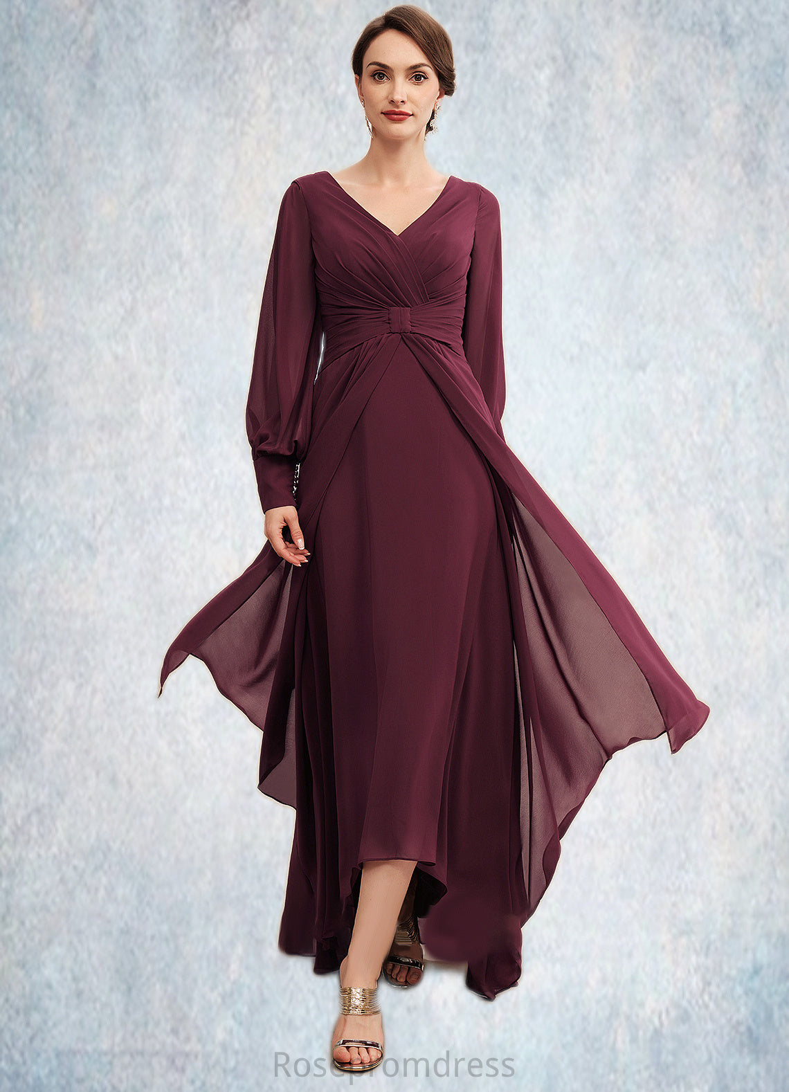 Aubrey A-Line V-neck Asymmetrical Chiffon Mother of the Bride Dress With Ruffle SRS126P0014732
