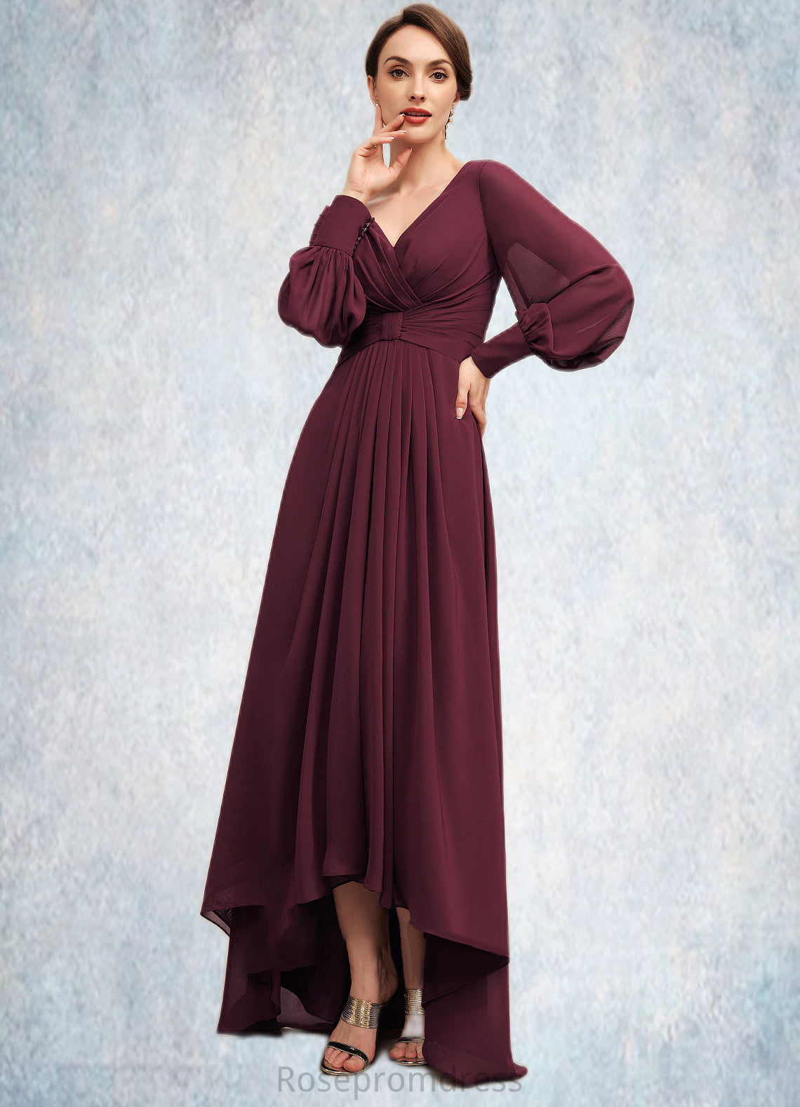 Aubrey A-Line V-neck Asymmetrical Chiffon Mother of the Bride Dress With Ruffle SRS126P0014732