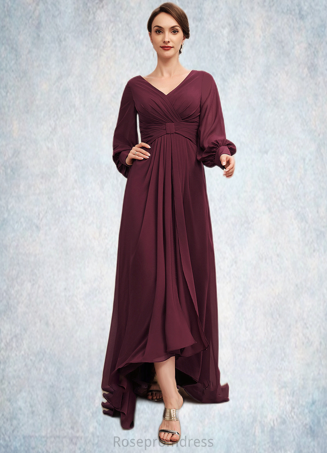 Aubrey A-Line V-neck Asymmetrical Chiffon Mother of the Bride Dress With Ruffle SRS126P0014732