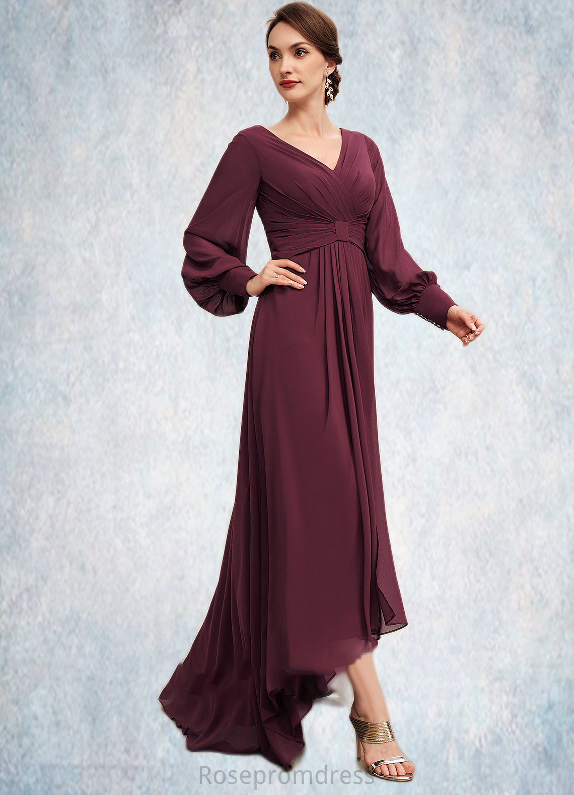 Aubrey A-Line V-neck Asymmetrical Chiffon Mother of the Bride Dress With Ruffle SRS126P0014732