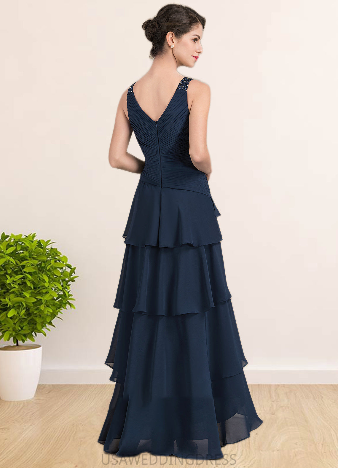 London A-Line V-neck Asymmetrical Chiffon Mother of the Bride Dress With Beading Sequins Cascading Ruffles DS126P0014733
