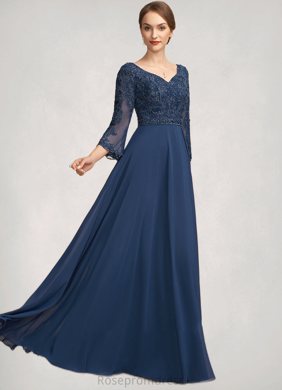 Bella A-Line V-neck Floor-Length Chiffon Lace Mother of the Bride Dress With Beading Sequins SRS126P0014739