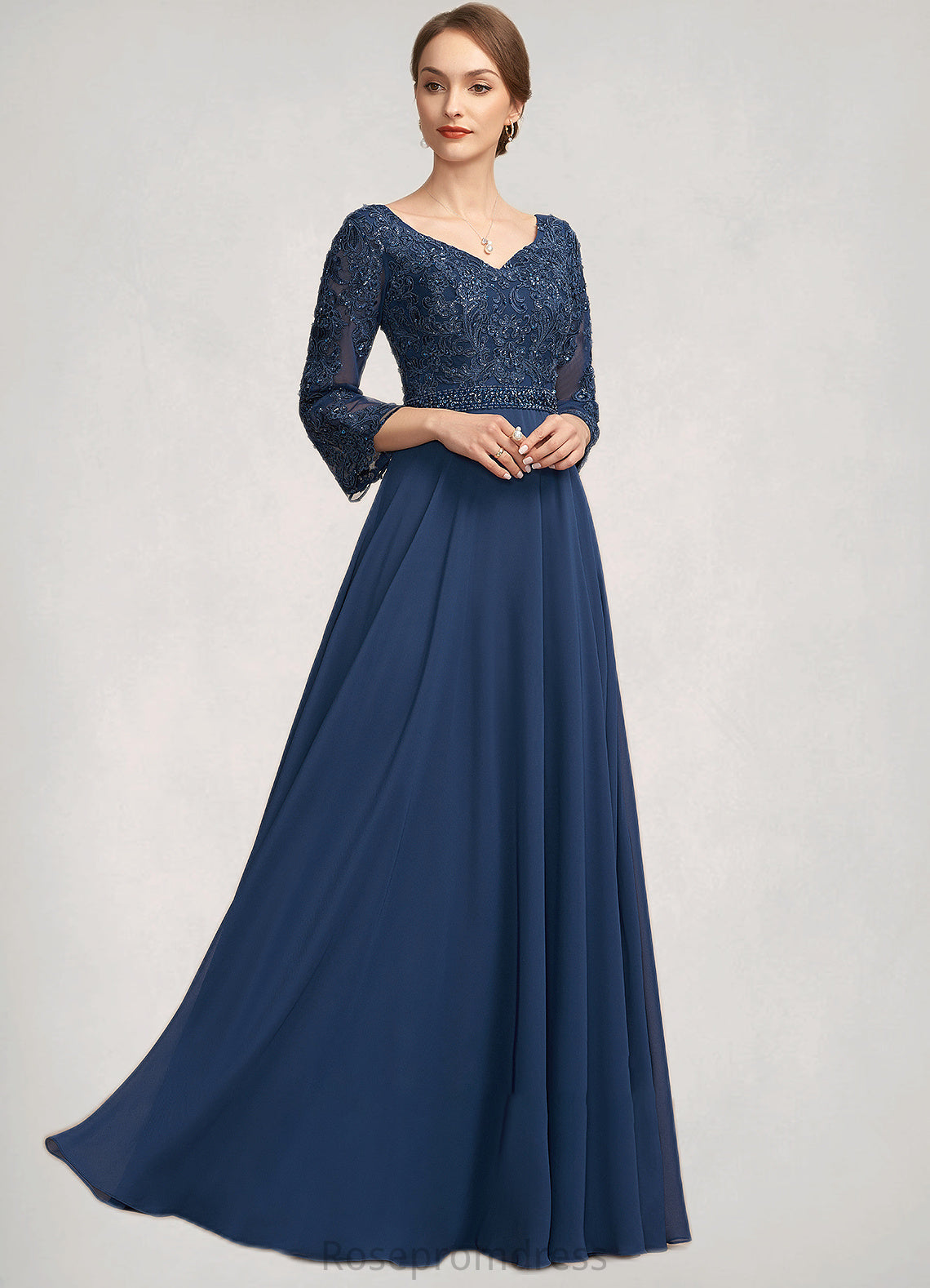 Bella A-Line V-neck Floor-Length Chiffon Lace Mother of the Bride Dress With Beading Sequins SRS126P0014739