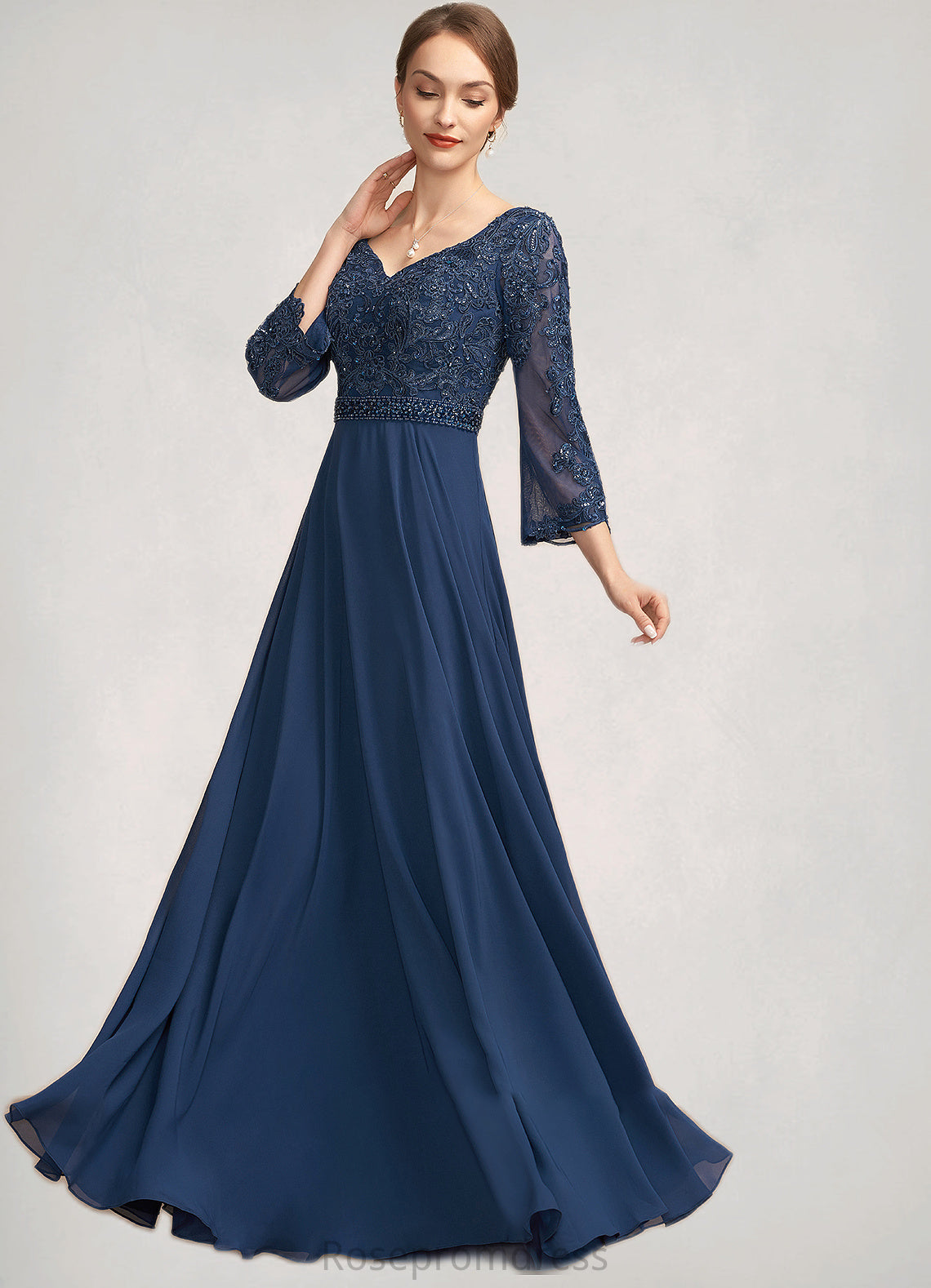 Bella A-Line V-neck Floor-Length Chiffon Lace Mother of the Bride Dress With Beading Sequins SRS126P0014739