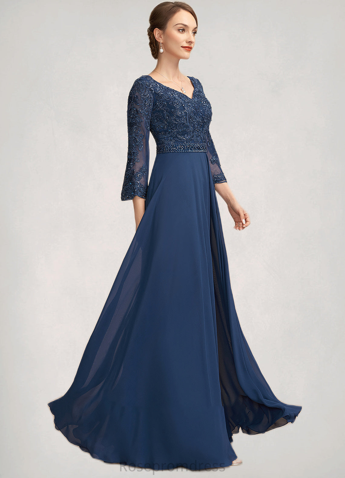 Bella A-Line V-neck Floor-Length Chiffon Lace Mother of the Bride Dress With Beading Sequins SRS126P0014739