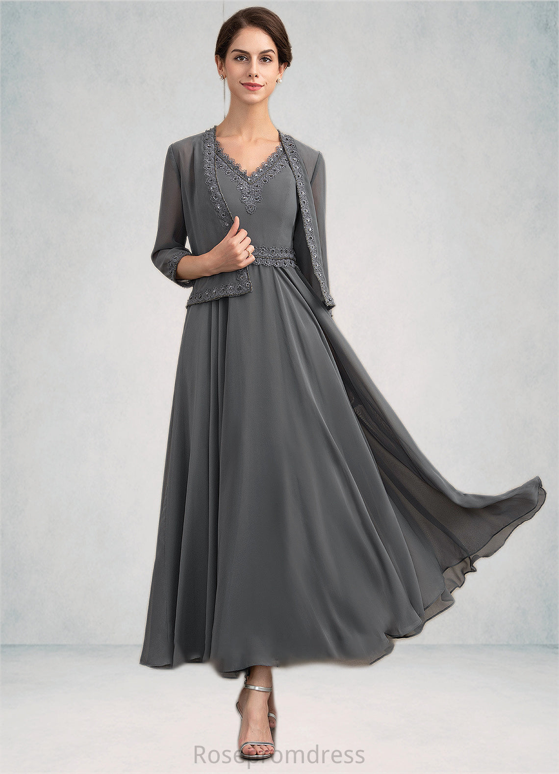 Alexus A-Line V-neck Ankle-Length Chiffon Mother of the Bride Dress With Beading Sequins SRS126P0014740