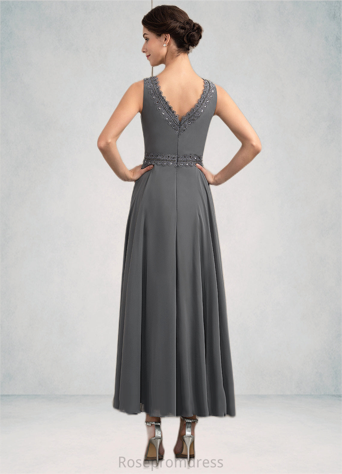 Alexus A-Line V-neck Ankle-Length Chiffon Mother of the Bride Dress With Beading Sequins SRS126P0014740