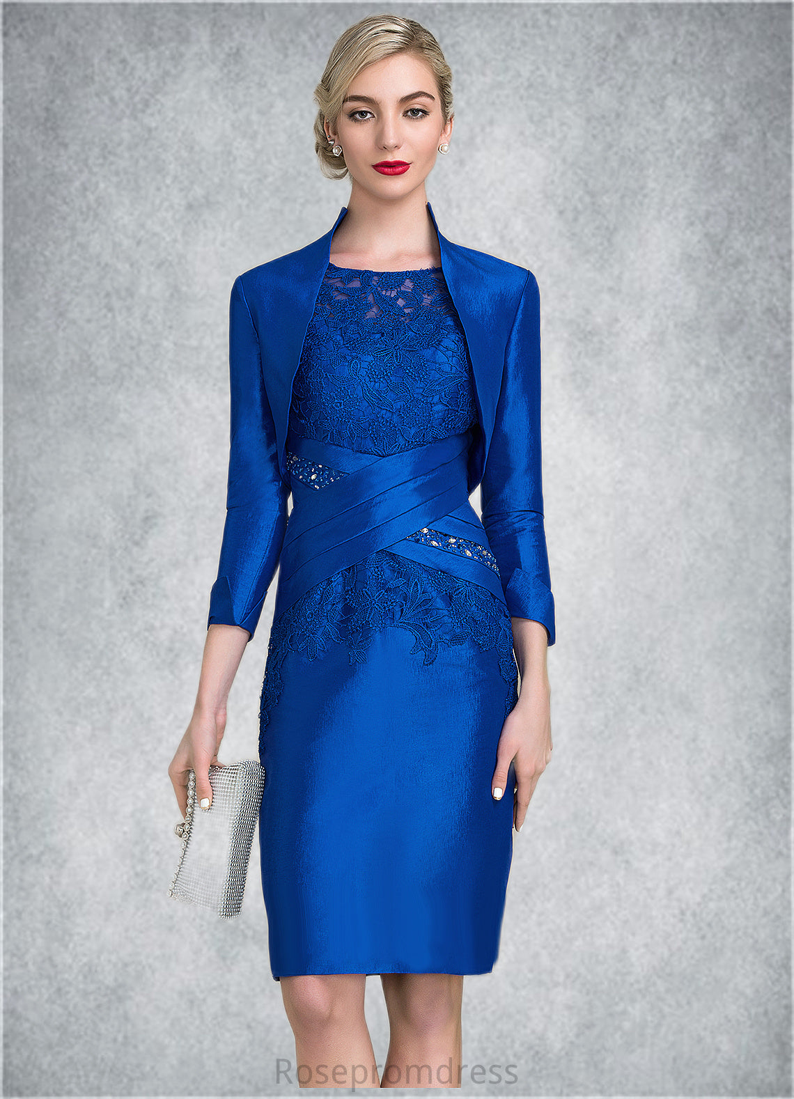 Annabelle Sheath/Column Scoop Neck Knee-Length Taffeta Lace Mother of the Bride Dress With Ruffle Beading Sequins SRS126P0014741