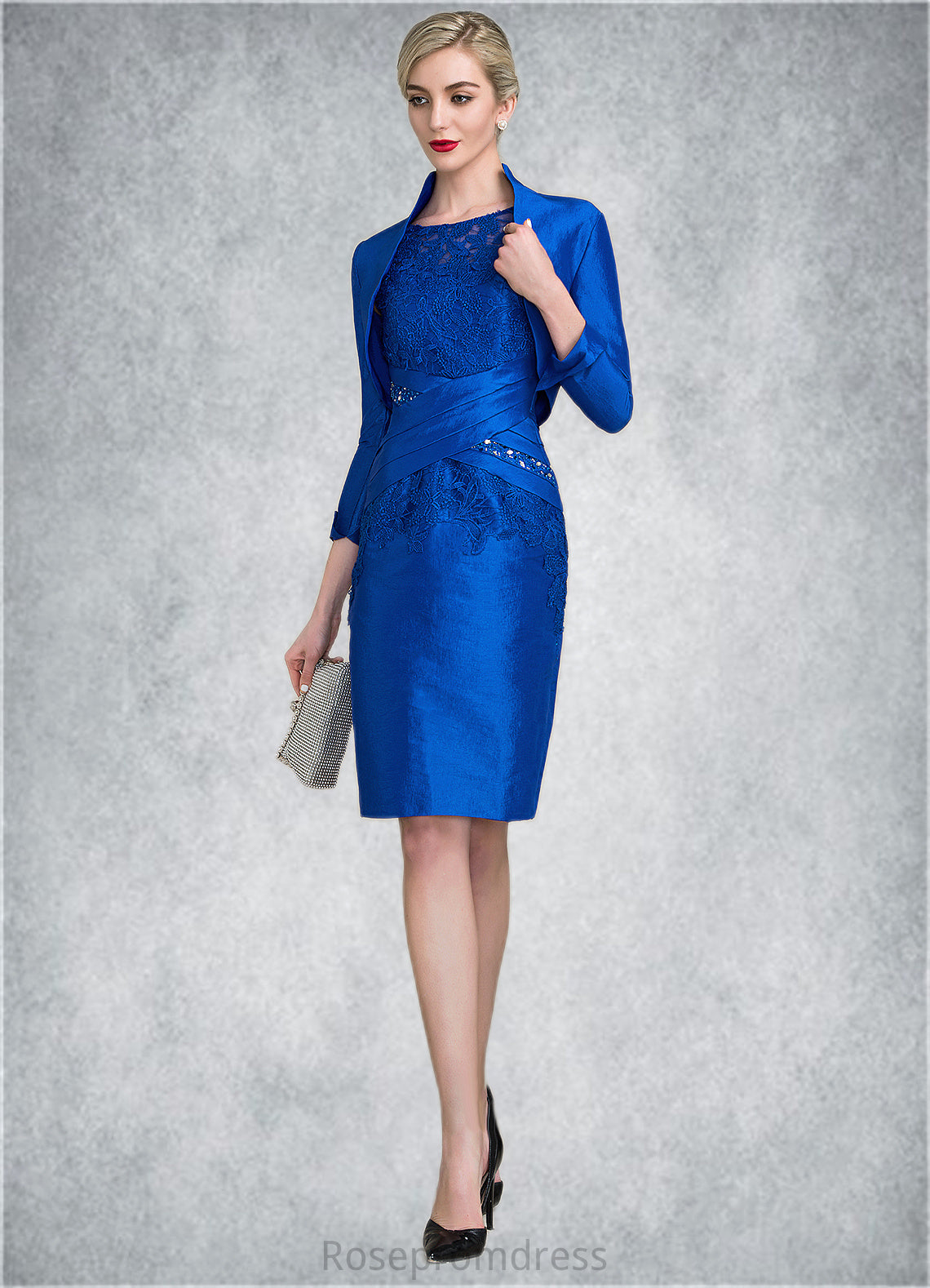 Annabelle Sheath/Column Scoop Neck Knee-Length Taffeta Lace Mother of the Bride Dress With Ruffle Beading Sequins SRS126P0014741