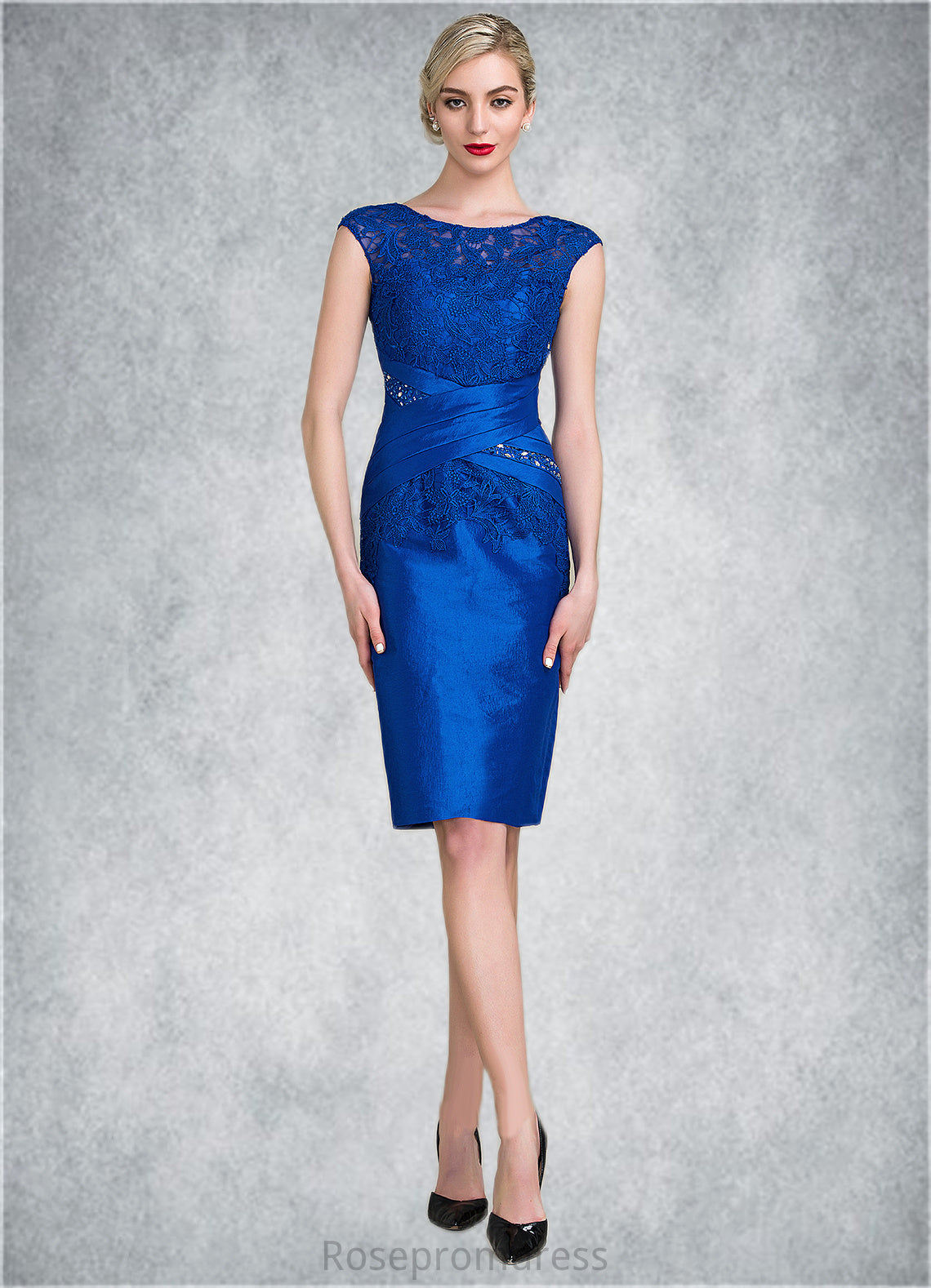 Annabelle Sheath/Column Scoop Neck Knee-Length Taffeta Lace Mother of the Bride Dress With Ruffle Beading Sequins SRS126P0014741