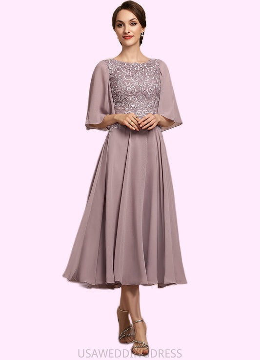 Angela A-Line Scoop Neck Tea-Length Chiffon Lace Mother of the Bride Dress DS126P0014743