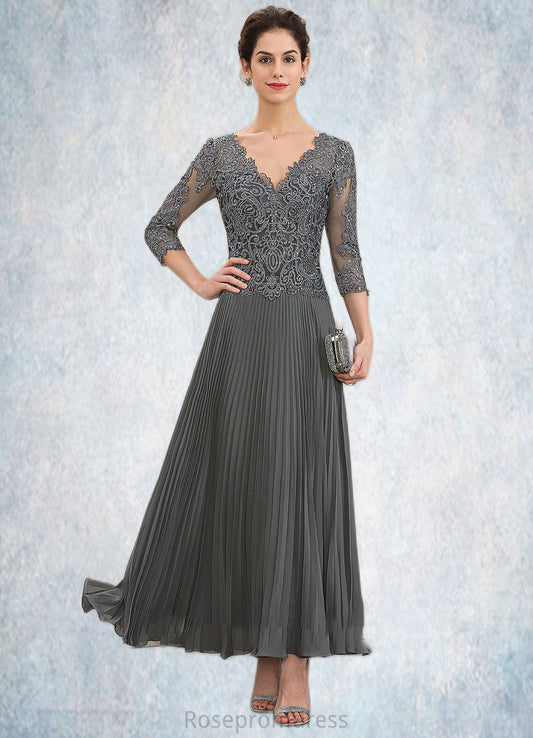 Iliana A-Line V-neck Ankle-Length Chiffon Lace Mother of the Bride Dress With Sequins Pleated SRS126P0014745