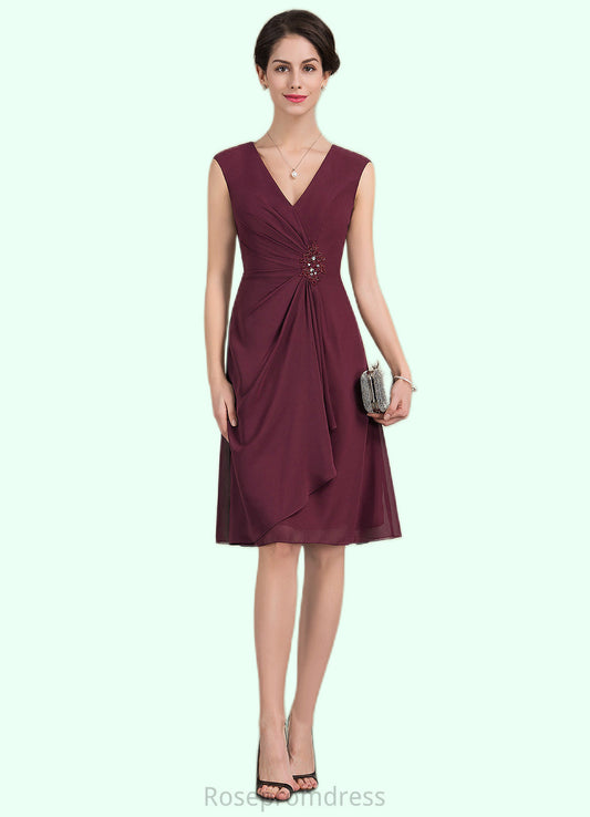 Abigail A-Line V-neck Knee-Length Chiffon Mother of the Bride Dress With Beading Sequins Cascading Ruffles SRS126P0014750