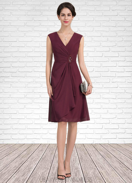 Renata A-Line V-neck Knee-Length Chiffon Mother of the Bride Dress With Beading Sequins Cascading Ruffles DS126P0014750