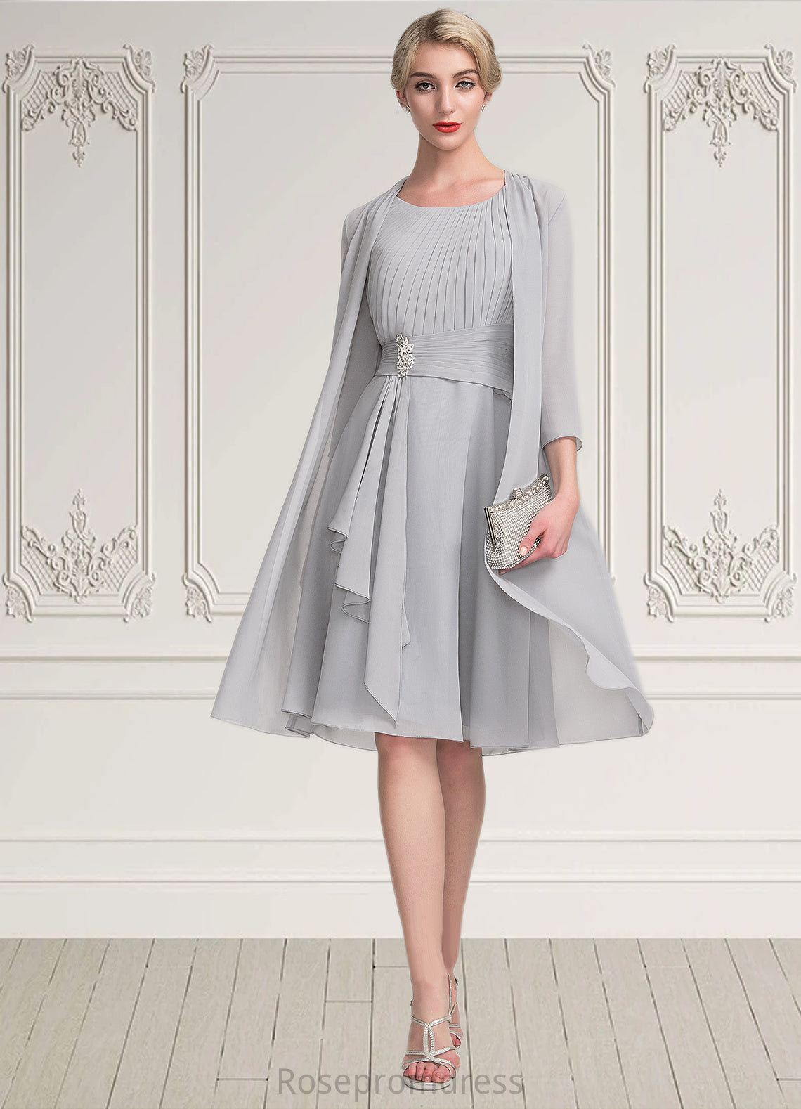 Linda A-Line Scoop Neck Knee-Length Chiffon Mother of the Bride Dress With Beading Cascading Ruffles SRS126P0014751