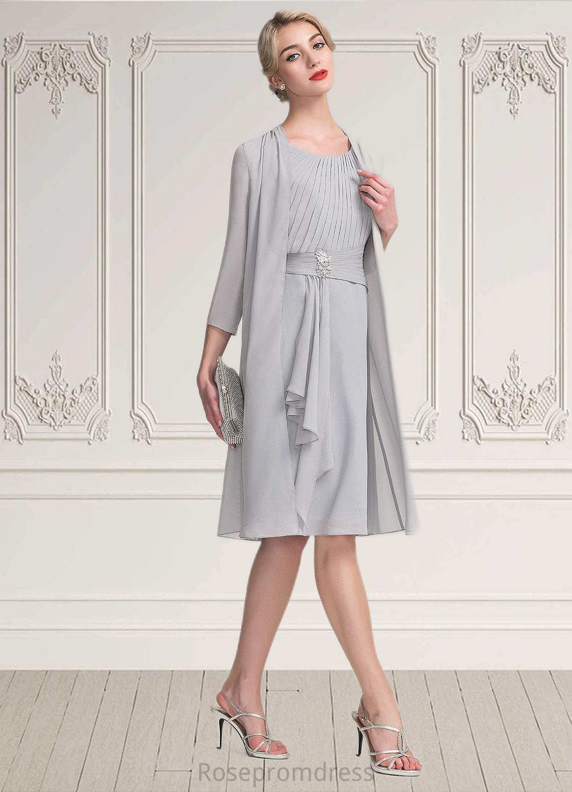 Linda A-Line Scoop Neck Knee-Length Chiffon Mother of the Bride Dress With Beading Cascading Ruffles SRS126P0014751