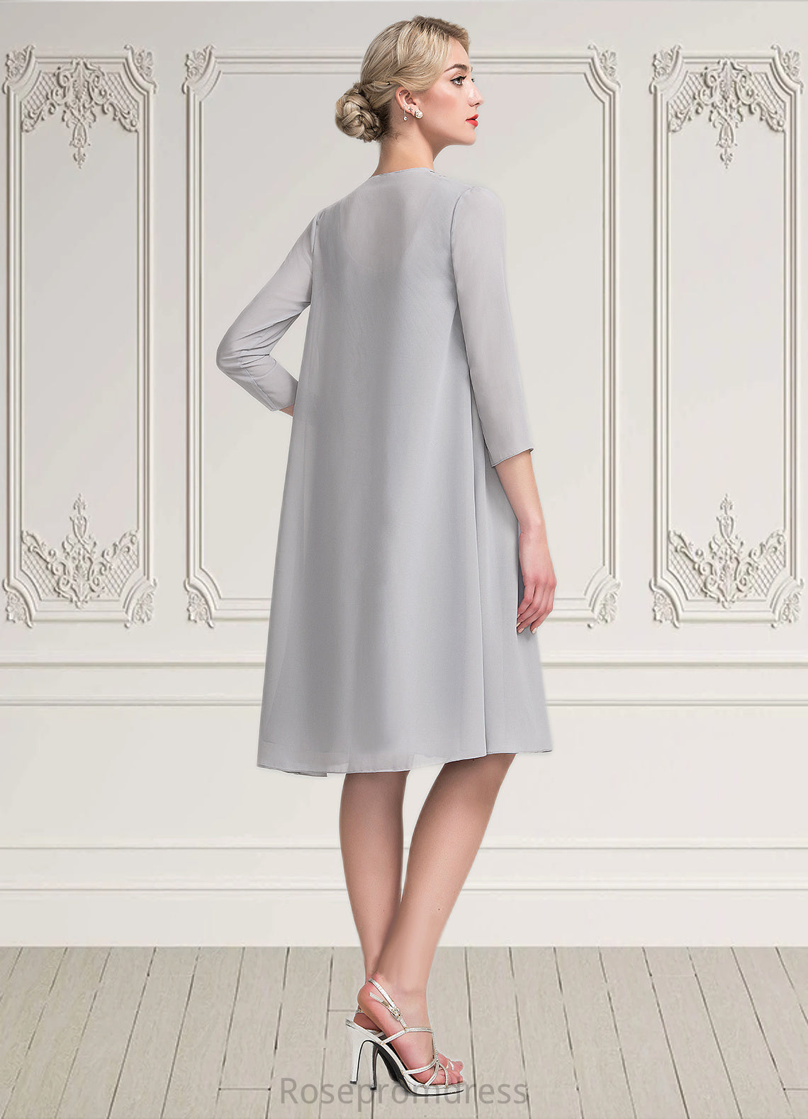 Linda A-Line Scoop Neck Knee-Length Chiffon Mother of the Bride Dress With Beading Cascading Ruffles SRS126P0014751