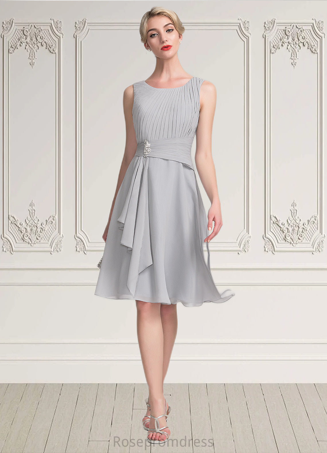 Linda A-Line Scoop Neck Knee-Length Chiffon Mother of the Bride Dress With Beading Cascading Ruffles SRS126P0014751