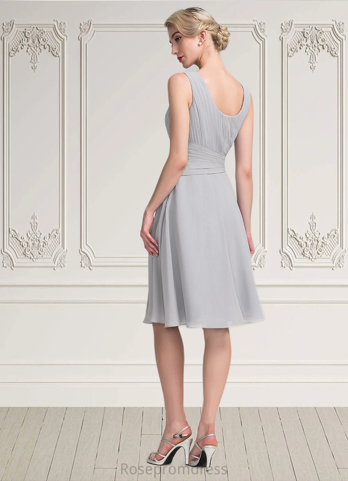 Linda A-Line Scoop Neck Knee-Length Chiffon Mother of the Bride Dress With Beading Cascading Ruffles SRS126P0014751