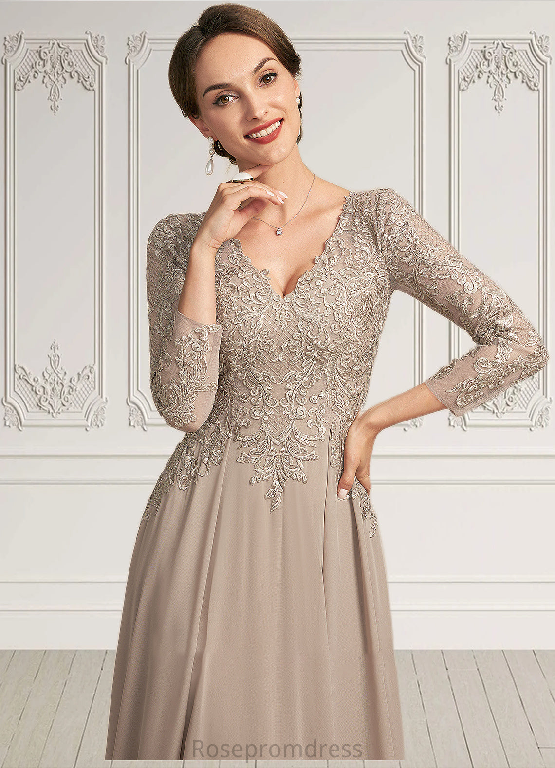 Leia A-Line V-neck Floor-Length Chiffon Lace Mother of the Bride Dress SRS126P0014754