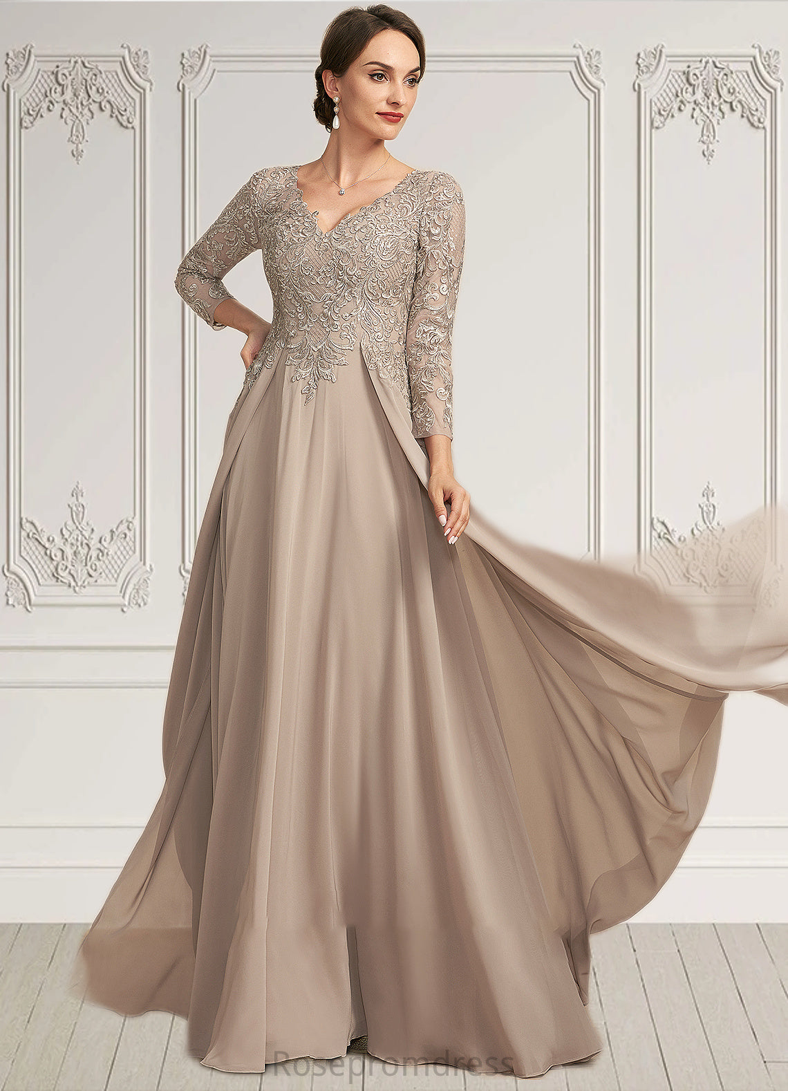 Leia A-Line V-neck Floor-Length Chiffon Lace Mother of the Bride Dress SRS126P0014754