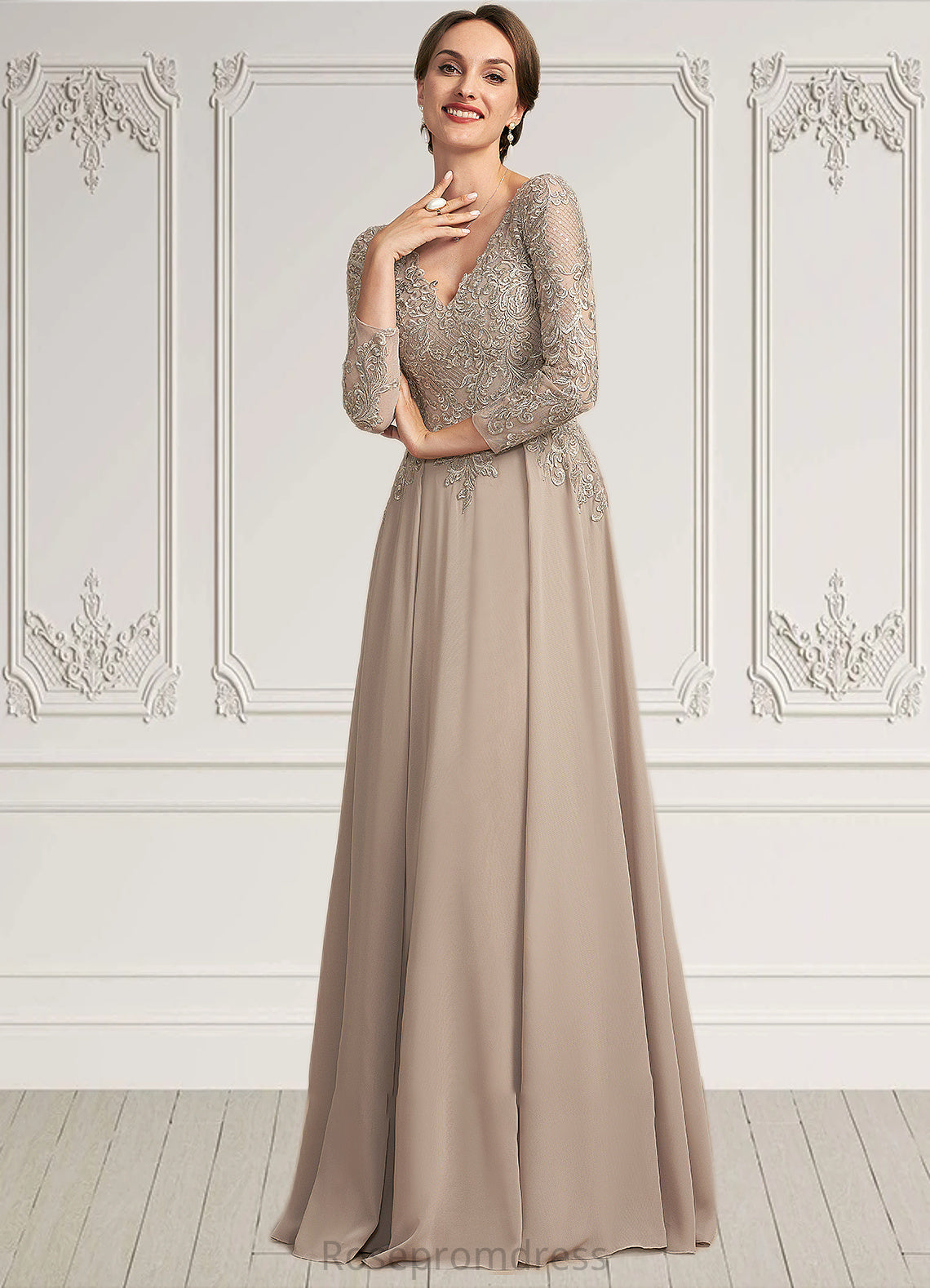 Leia A-Line V-neck Floor-Length Chiffon Lace Mother of the Bride Dress SRS126P0014754