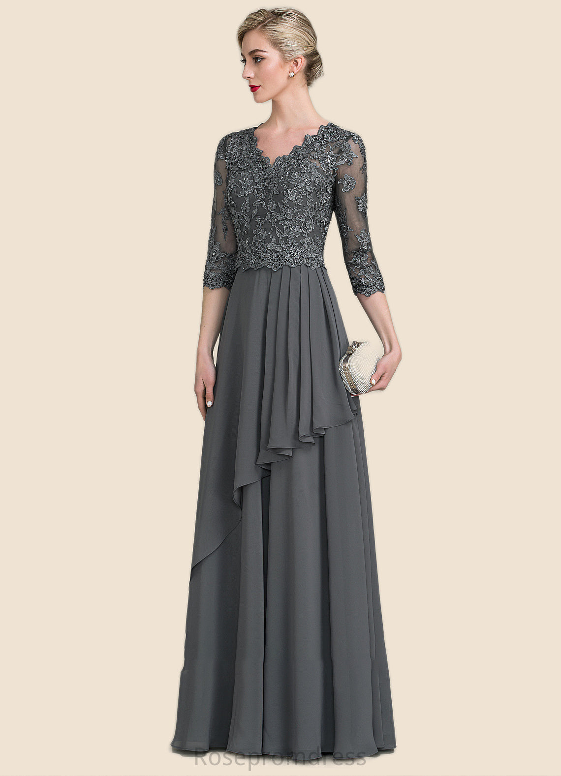 Rayna A-Line V-neck Floor-Length Chiffon Lace Mother of the Bride Dress With Beading Sequins Cascading Ruffles SRS126P0014756
