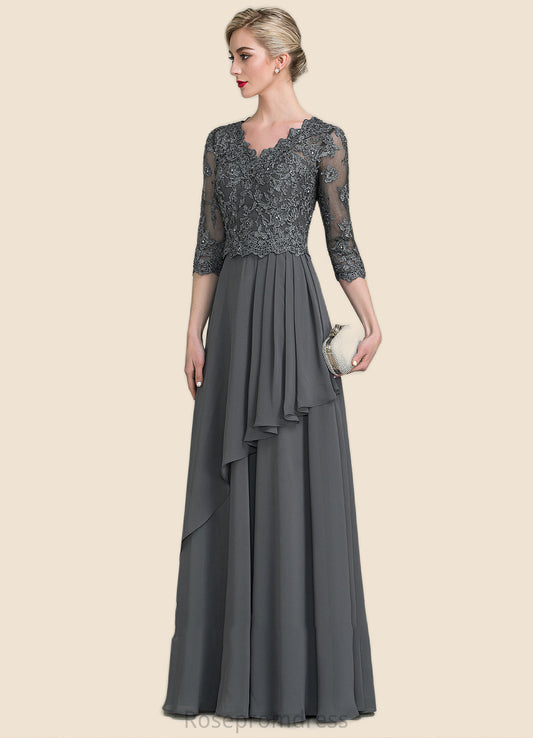 Rayna A-Line V-neck Floor-Length Chiffon Lace Mother of the Bride Dress With Beading Sequins Cascading Ruffles SRS126P0014756