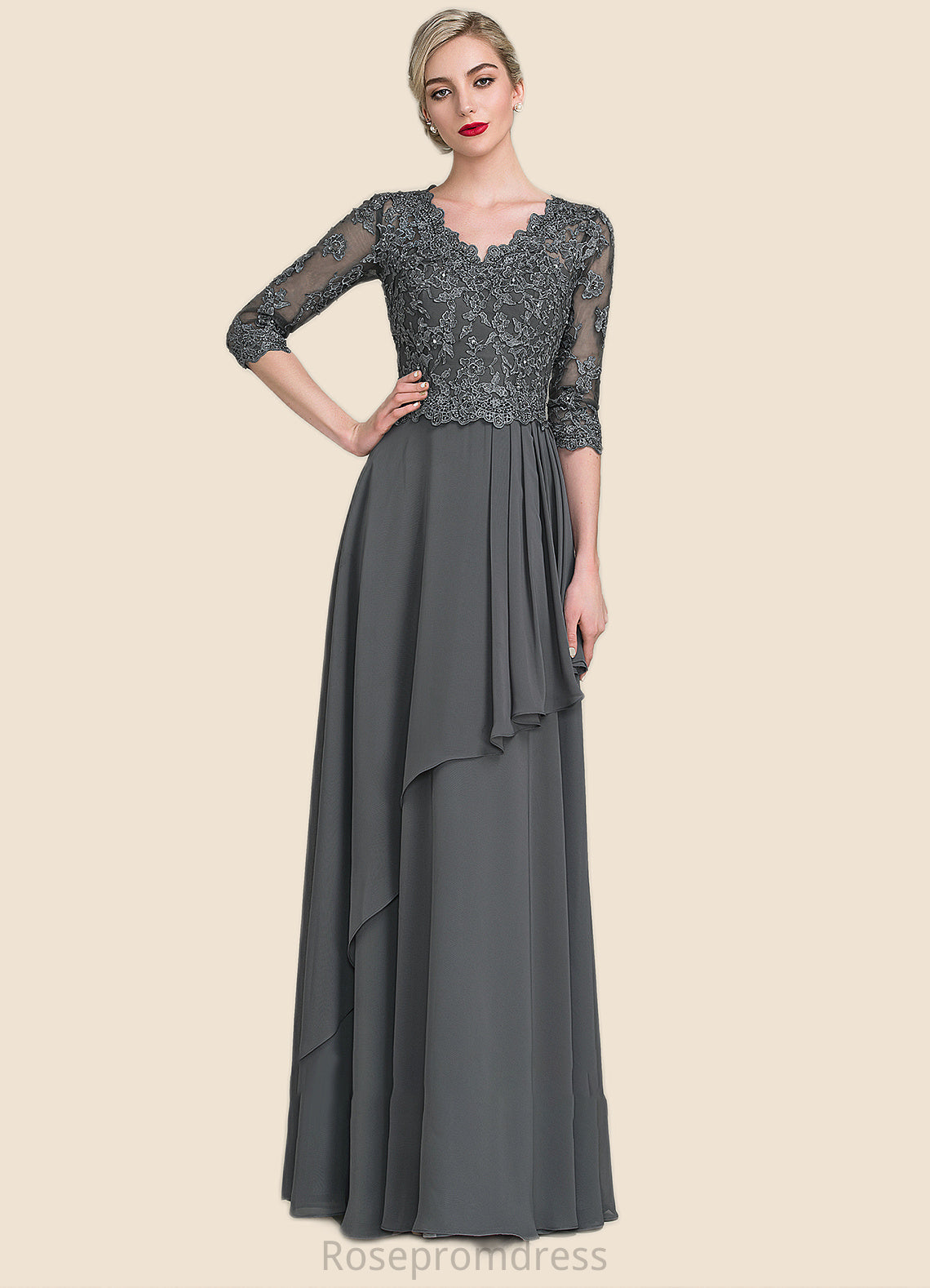 Rayna A-Line V-neck Floor-Length Chiffon Lace Mother of the Bride Dress With Beading Sequins Cascading Ruffles SRS126P0014756