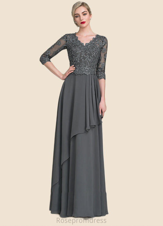 Rayna A-Line V-neck Floor-Length Chiffon Lace Mother of the Bride Dress With Beading Sequins Cascading Ruffles SRS126P0014756