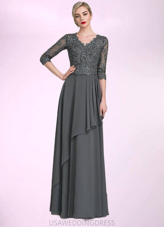Lucile A-Line V-neck Floor-Length Chiffon Lace Mother of the Bride Dress With Beading Sequins Cascading Ruffles DS126P0014756