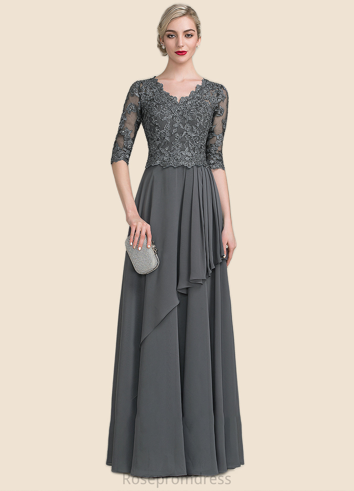 Rayna A-Line V-neck Floor-Length Chiffon Lace Mother of the Bride Dress With Beading Sequins Cascading Ruffles SRS126P0014756