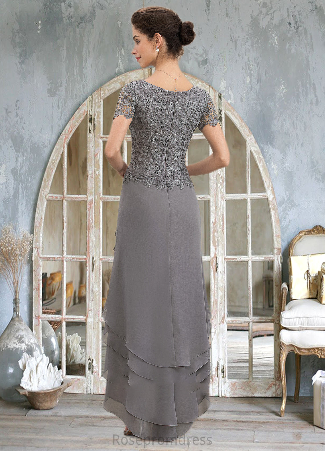 Jayden A-Line Scoop Neck Asymmetrical Chiffon Lace Mother of the Bride Dress With Cascading Ruffles SRS126P0014757