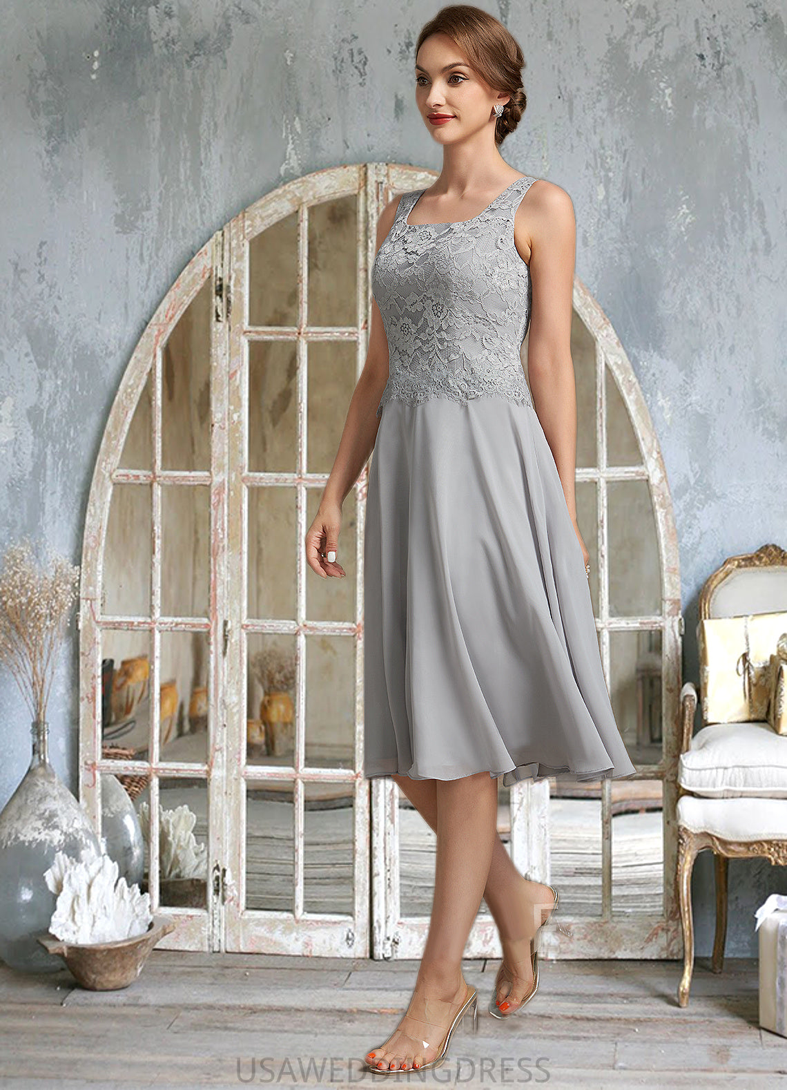 Piper A-Line Square Neckline Knee-Length Chiffon Lace Mother of the Bride Dress DS126P0014759