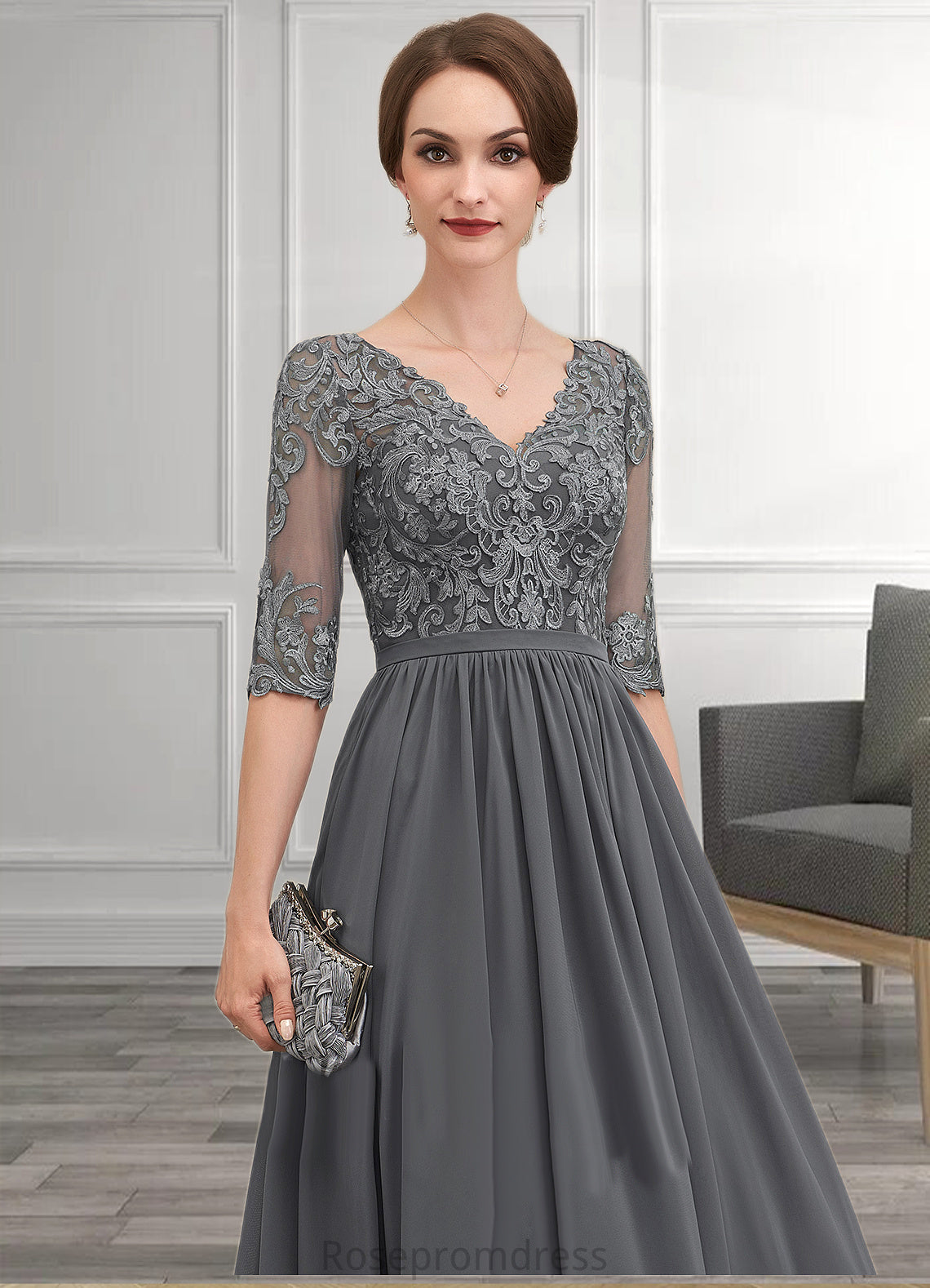 Azaria A-line V-Neck Ankle-Length Chiffon Lace Mother of the Bride Dress SRS126P0014760