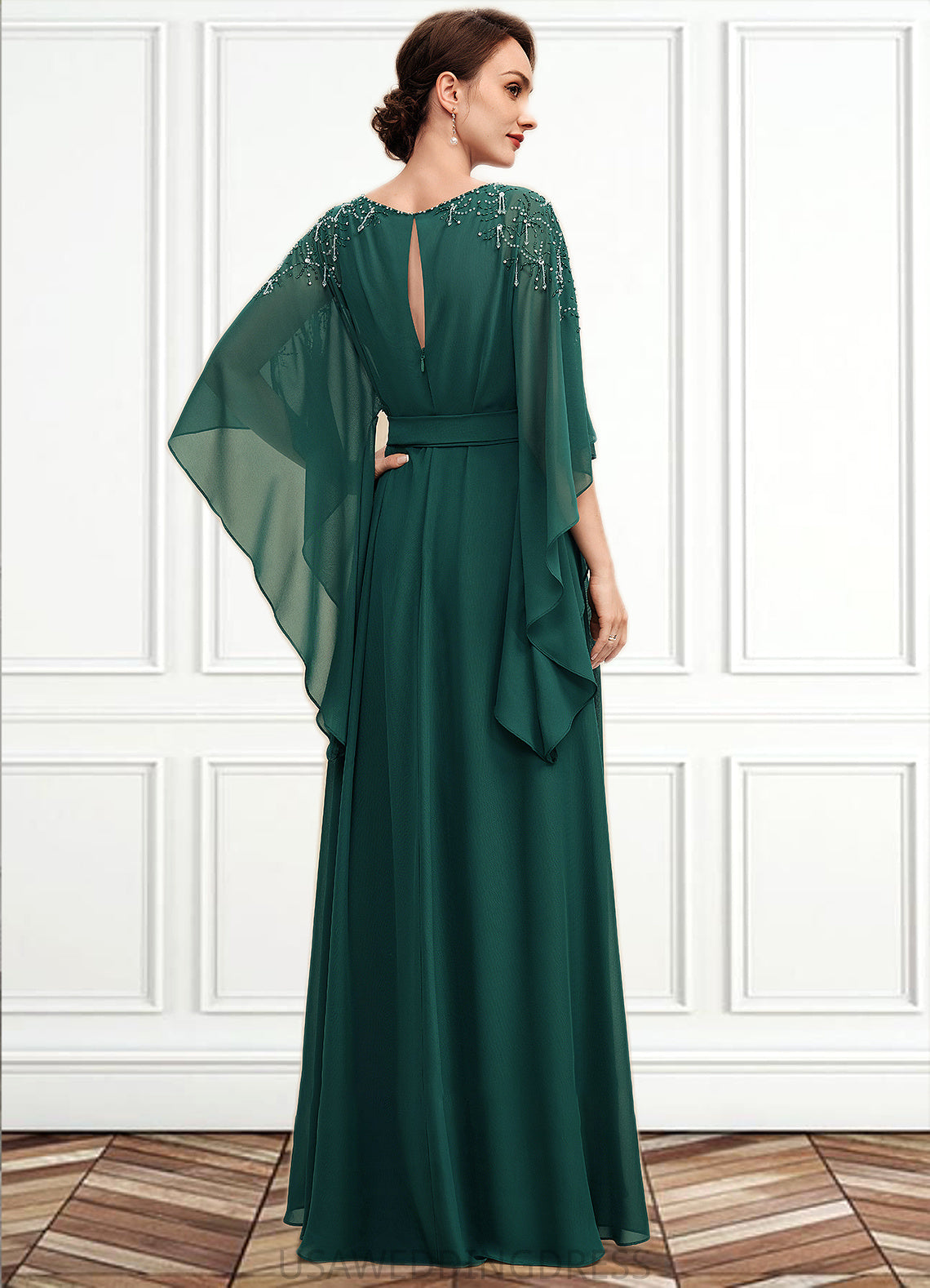 Saige A-Line Scoop Neck Floor-Length Chiffon Mother of the Bride Dress With Beading Bow(s) DS126P0014763