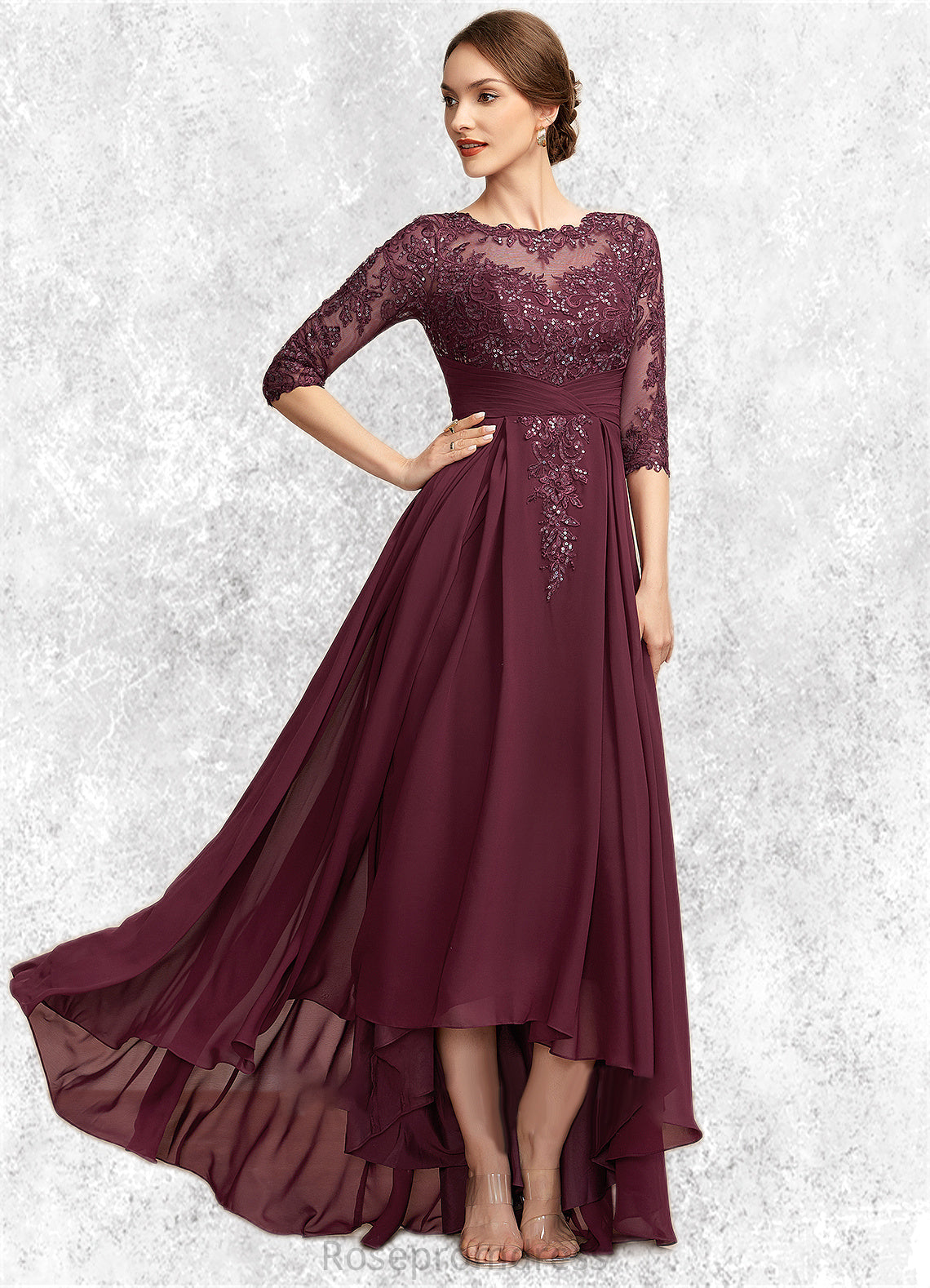 Phoenix A-Line Scoop Neck Asymmetrical Chiffon Lace Mother of the Bride Dress With Ruffle Sequins SRS126P0014765