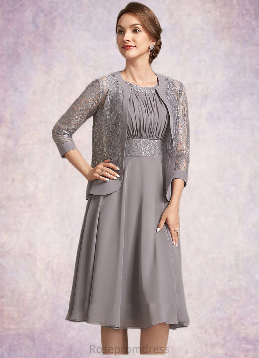 Nicky A-Line Scoop Neck Knee-Length Chiffon Lace Mother of the Bride Dress With Ruffle SRS126P0014766