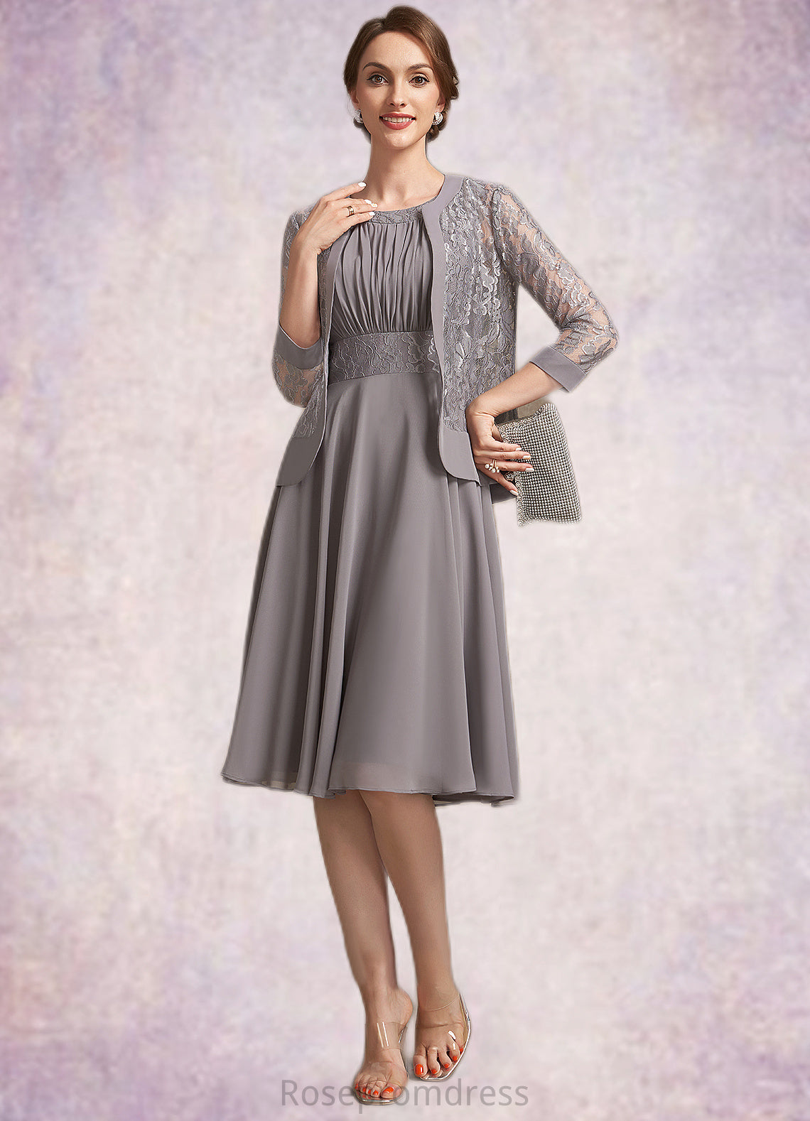 Nicky A-Line Scoop Neck Knee-Length Chiffon Lace Mother of the Bride Dress With Ruffle SRS126P0014766