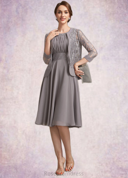 Nicky A-Line Scoop Neck Knee-Length Chiffon Lace Mother of the Bride Dress With Ruffle SRS126P0014766