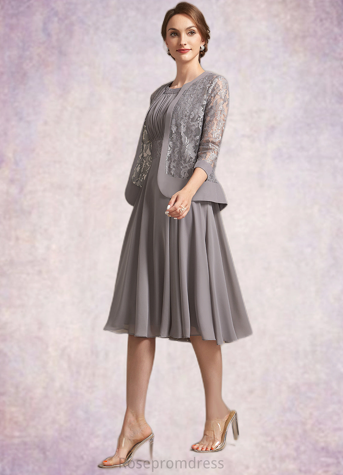 Nicky A-Line Scoop Neck Knee-Length Chiffon Lace Mother of the Bride Dress With Ruffle SRS126P0014766