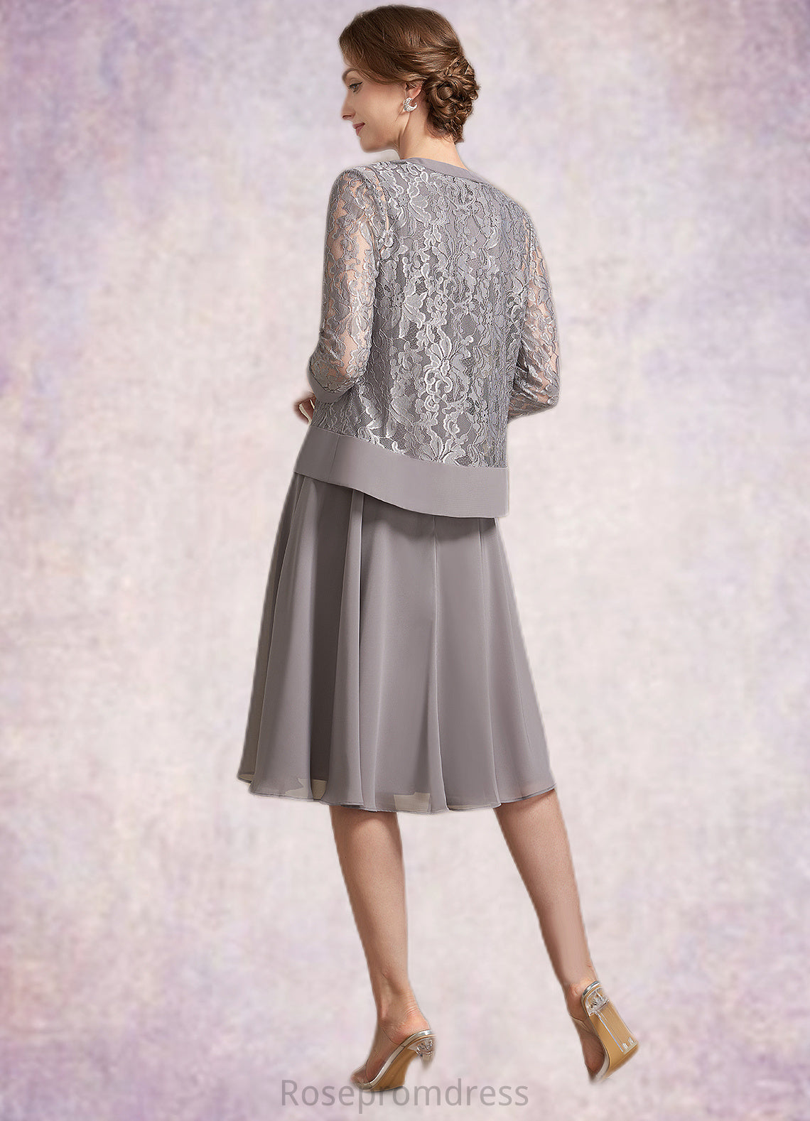 Nicky A-Line Scoop Neck Knee-Length Chiffon Lace Mother of the Bride Dress With Ruffle SRS126P0014766