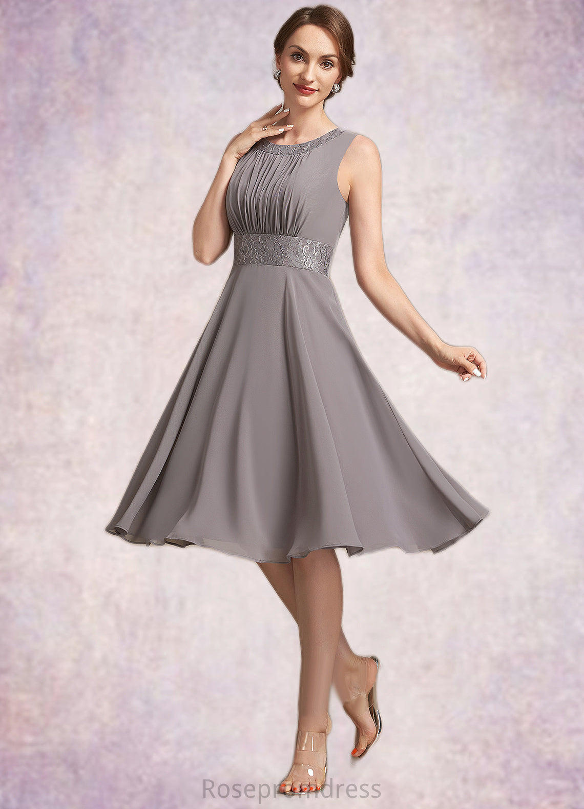 Nicky A-Line Scoop Neck Knee-Length Chiffon Lace Mother of the Bride Dress With Ruffle SRS126P0014766