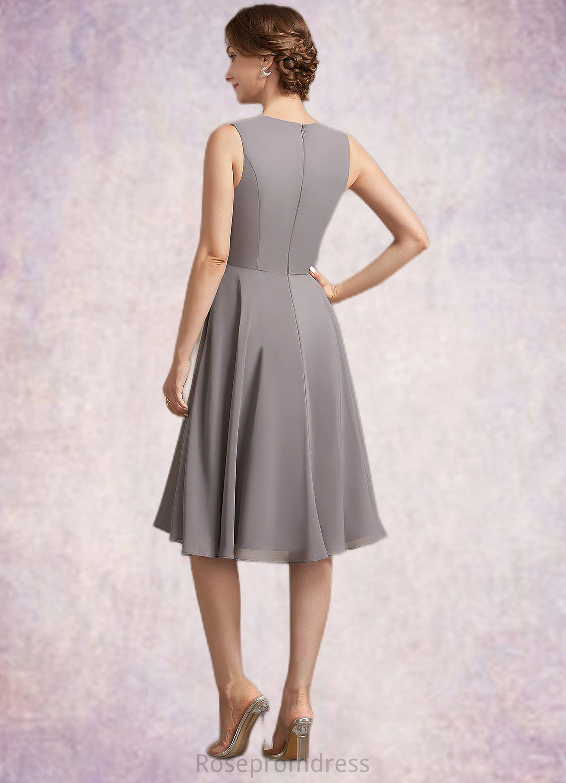 Nicky A-Line Scoop Neck Knee-Length Chiffon Lace Mother of the Bride Dress With Ruffle SRS126P0014766