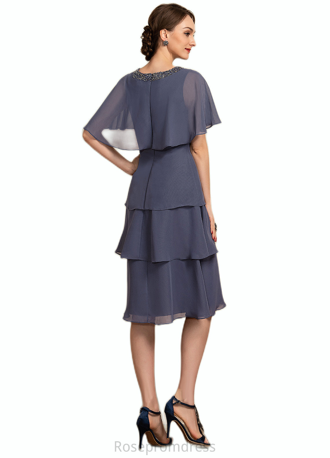 Emilia A-Line Scoop Neck Knee-Length Chiffon Mother of the Bride Dress With Beading Sequins Cascading Ruffles SRS126P0014768