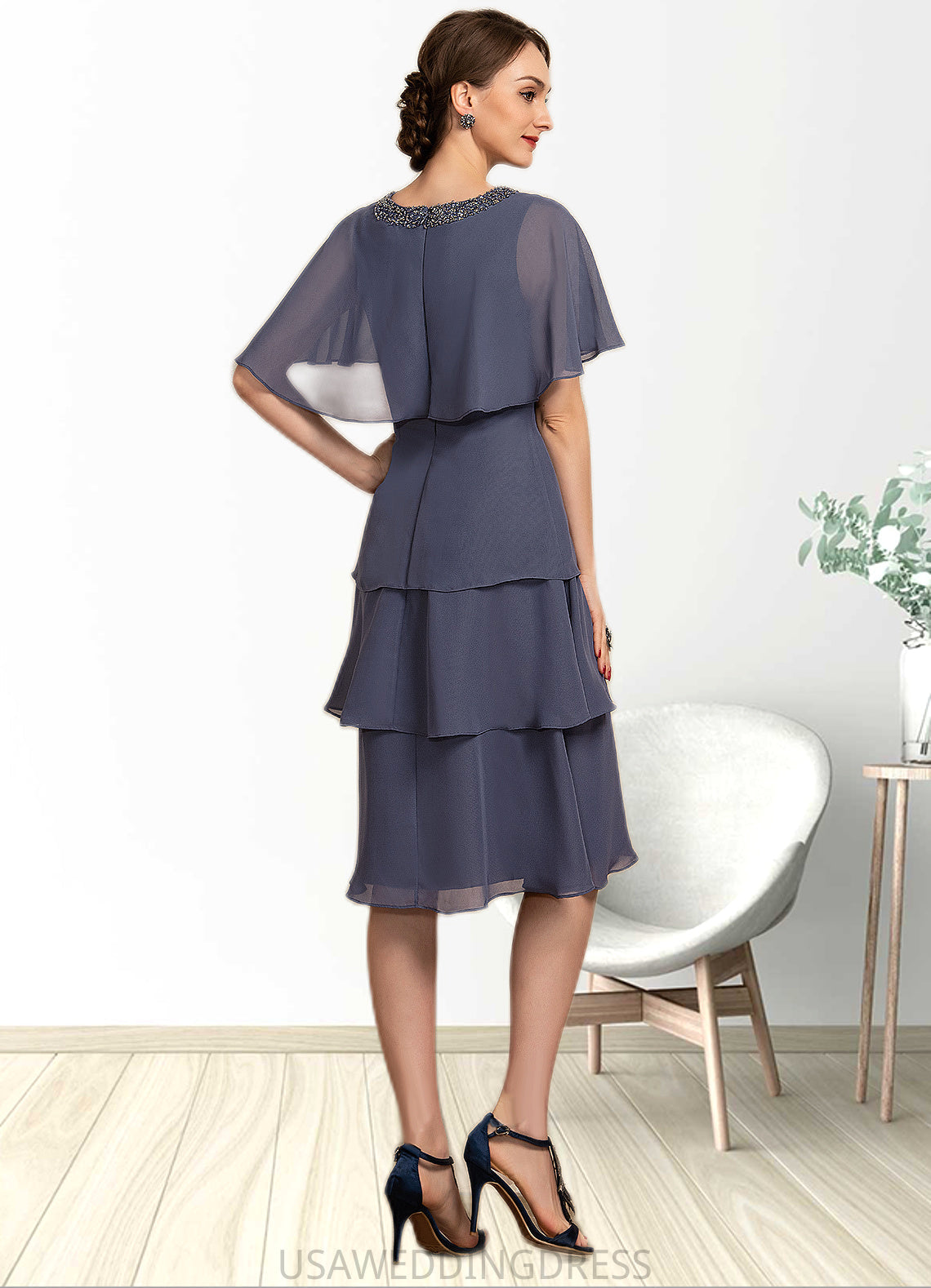 Vivienne A-Line Scoop Neck Knee-Length Chiffon Mother of the Bride Dress With Beading Sequins Cascading Ruffles DS126P0014768