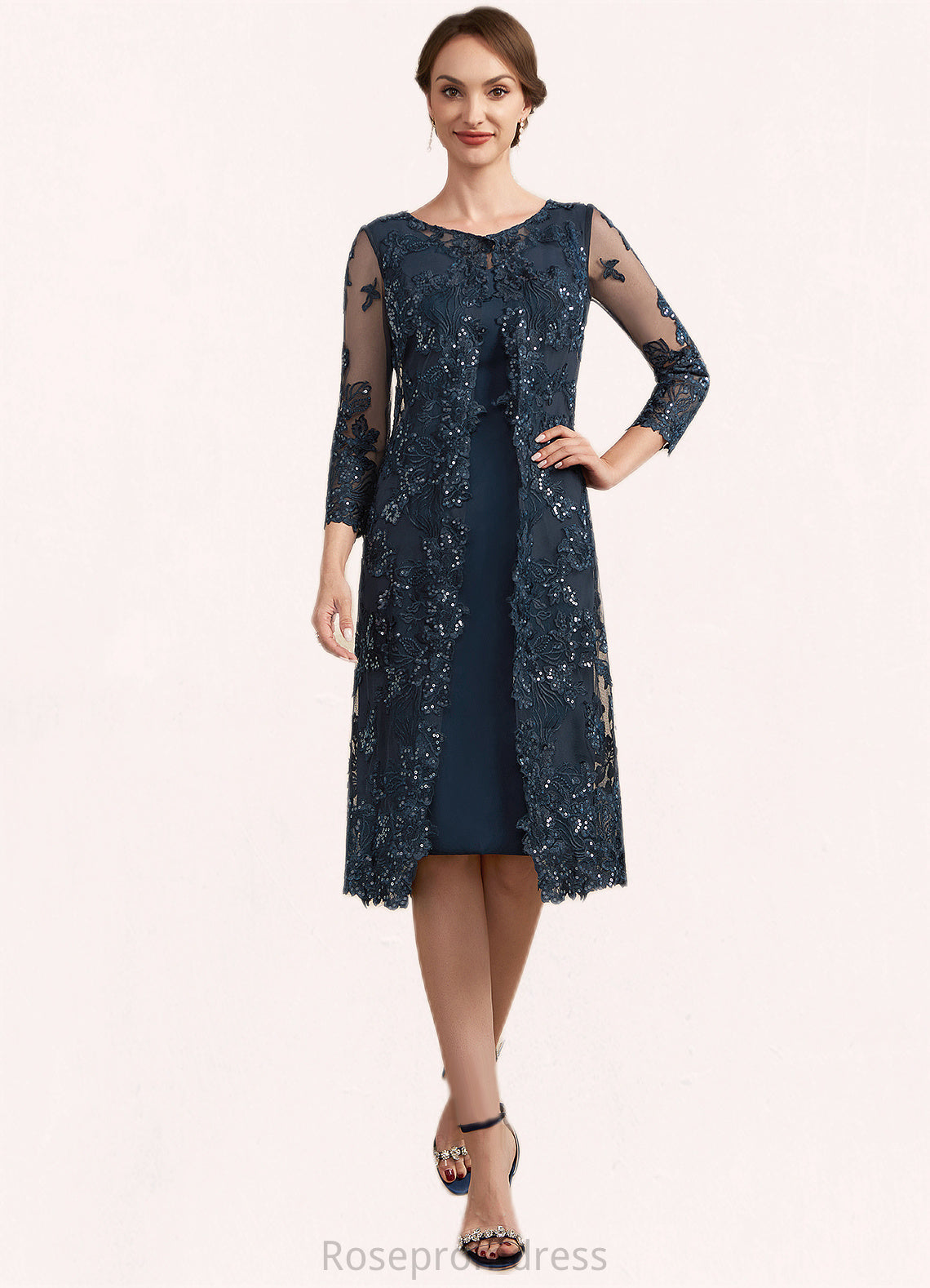 Penelope Sheath/Column Scoop Neck Knee-Length Chiffon Lace Mother of the Bride Dress With Sequins SRS126P0014771